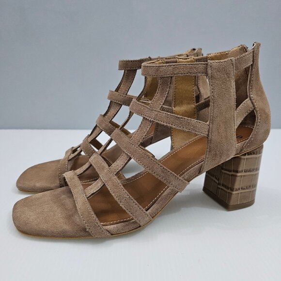 NEW Donald Pliner Poeme Sandal Womens 8 Brown Suede Block Heel Dressy Neutral - Picture 1 of 14
